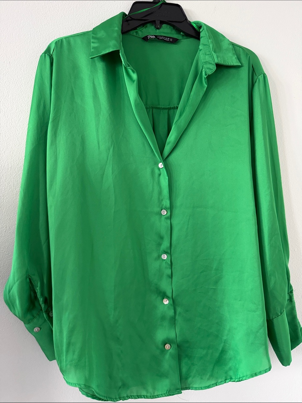 Zara Bright Green Satin Button-Down Shirt